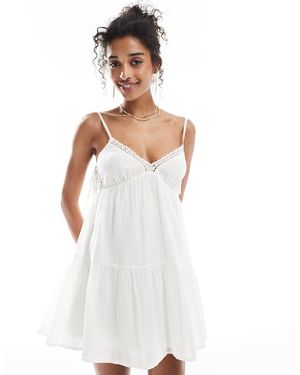 Bershka Strappy Lace Trim Tiered Mini Dress - White