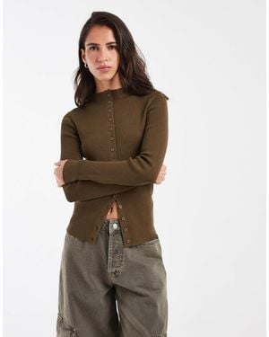 ASOS Knit Rib High Neck Button Through Cardigan - Brown