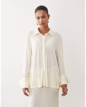 SNDY'S Soft Fine Knit Semi Sheer Wide Cuff Shirt Co-ord - Natural