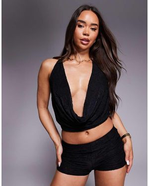 Missy Empire Double Sculpted Slinky Plunge Cowl Neck Top Co-Ord - Black