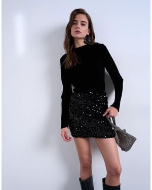 TOPSHOP Long Sleeve Drape Neck Velvet Top - Black