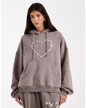 Daisy Street Button Heart Detail Oversized Hoodie - Brown