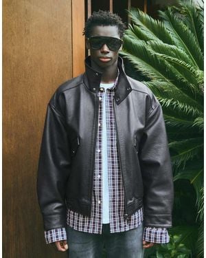 Bershka Leather Funnel-neck Bomber Jacket - Green