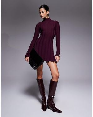 Aria Cove Knitted High Neck Wide Rib Ruffle Mini Dress - Purple