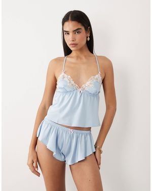 Boux Avenue Nyra Satin Cami And Shorts Nightwear Set With Floral Lace Trim Detail - Blue