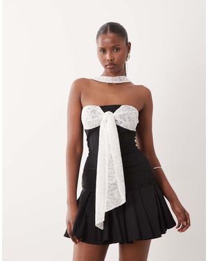 ASOS Slinky Mono Bandeau With Top With Lace Tie Front Bust And Halter Detail - White