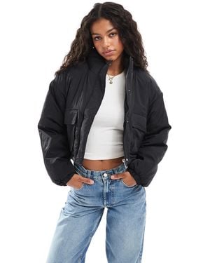 Brave Soul Funnel Neck Short Padded Jacket With Pockets - Blue