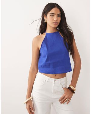 Mango Linen Mix Halterneck Top - Blue