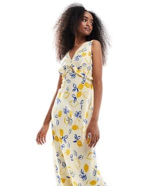 Wednesday's Girl Plunge Front Lemon Print Midaxi Dress - Yellow