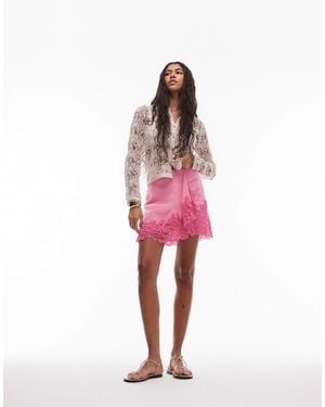 TOPSHOP Asymmetric Mini Skirt With Lace Trim - Pink
