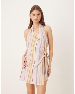 ASOS Cotton Linen Blend Halter Neck Wrap Mini Sundress - Natural