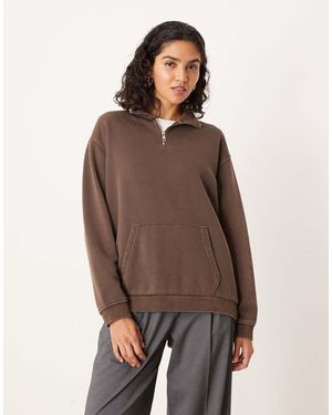 Brave Soul Quarter Zip Funnel Neck Sweatshirt - Brown