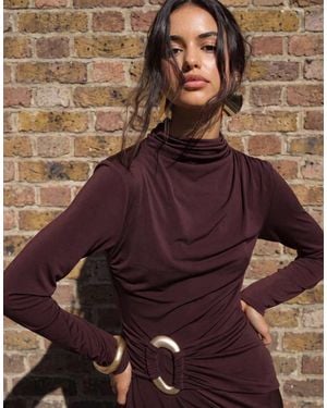 TFNC London Slinky High Neck Long Sleeve High Split Trim Detail Maxi Dress - Brown