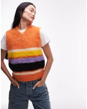 TOPSHOP Knitted Fluffy High V Bright Stripe Tank - Orange