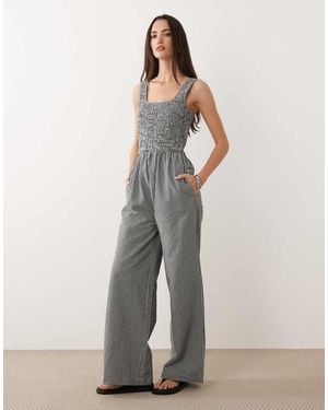 Brave Soul Scoop Neck And Back Gingham Jumpsuit - Grey
