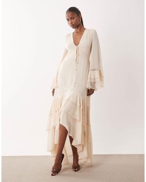 TFNC London V Neck Long Sleeve Frilly Chiffon Maxi Dress - Natural