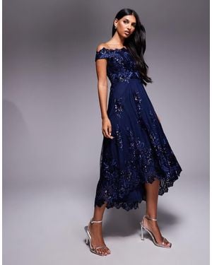 Goddiva Bardot Sequin & Lace High Low Midi - Blue