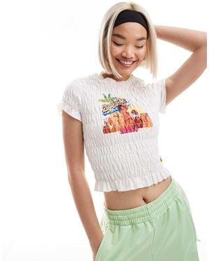 Elsie & Fred Ruched Crop T-Shirt With Retro Beach Graphic - White