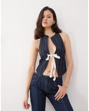 Lioness Denim Halterneck Contrast Bow Split Front Top Co-ord - Blue