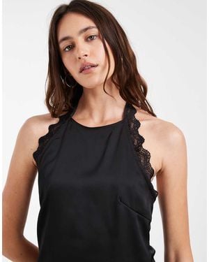 ONLY Lace Trim Halterneck Satin Top - Black