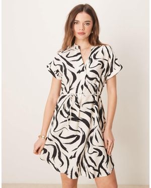Vila Short Sleeve Tie Waist Notch Neck Mini Dress - White