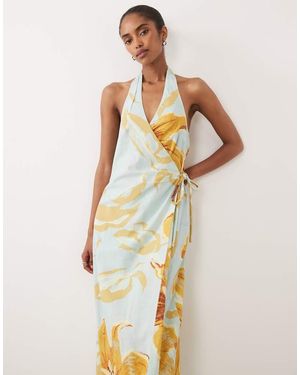 ASOS Cotton Linen Halter Neck Wrap Maxi Sundress Blue & Yellow Floral - White