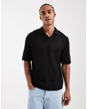 Only & Sons Open Knit Split Neck Polo - Black