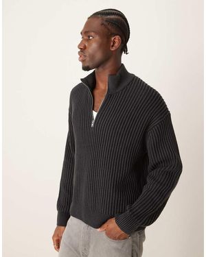 Abercrombie & Fitch Oversized Half Zip Stripe Stitch Knit Jumper - Black