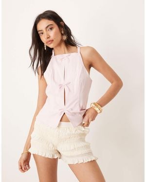 Mango Halterneck Slim Fit Structured Top With Cut Out Bow Detail - Pink