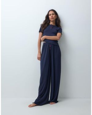 ASOS Rib Baby Tee & Pant Pyjama Set With Red Heart Buttons - Blue