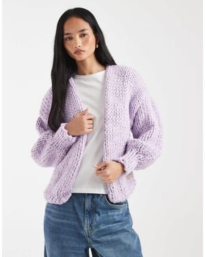 Kiwi & Co Love Me Later Contains Wool Hand Knitted Chunky Knit Dropped Shoulder Balloon Sleeve Cardigan - Purple