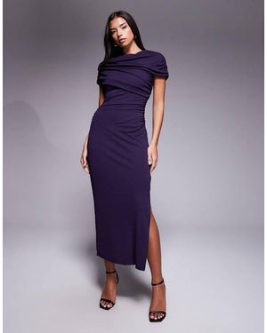 Forever New Mesh Ruched Cape Shoulder Detail Midi Dress - Purple