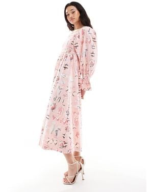 Object Vintage Wash Fish Print Smock Midi Dress - Pink