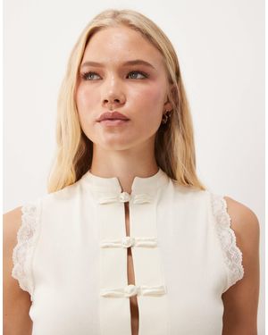 Miss Selfridge Button Top With Mandarin Collar And Lace Trim - Natural