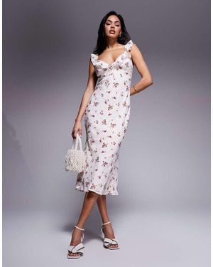Love Triangle Midi Jurk Met Ruches, V-Hals En Geruite Bloemenprint Met Textuur - Paars