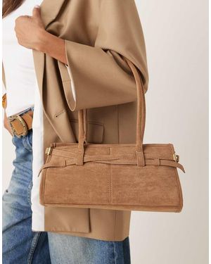 Gina Tricot Faux Suede Buckle Bowling Shoulder Bag With Long Handles - Brown