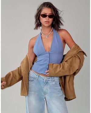 Princess Polly Serefina Tailored Halterneck Button Up Top - Blue