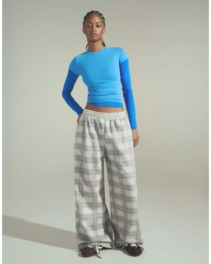 Bershka Checked Fleece Trousers - Blue