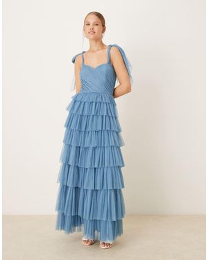 LACE & BEADS Bow Shoulder Tiered Tulle Maxi Dress - Blue