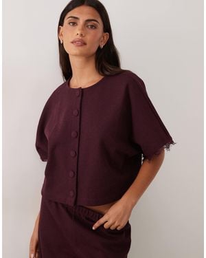 Miss Selfridge Batwing Sleeve Button Through Top With Lace Trim - Purple
