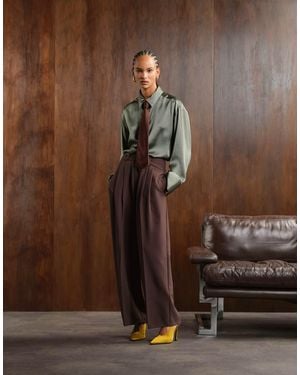 ASOS Tailored Low Rise Wide Leg Trousers With Asymmetric Waistband - Brown