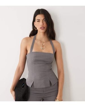 Kaiia Exclusive Tailored Square Halterneck Split Front Top Co-Ord - Grey