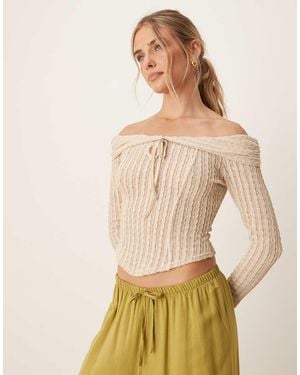 ASOS Texture Off The Shoulder Long Sleeve Top With Tie Detail - Natural