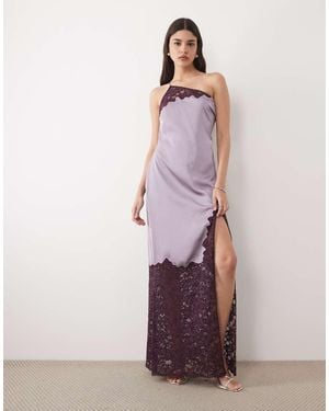 Six Stories One Shoulder Thigh Split Satin And Lace Mix Maxi Dress - Purple