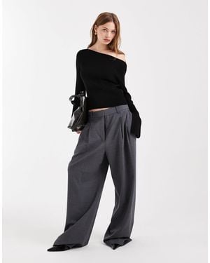 Collusion Knit Slash Neck Long Sleeve Top - Black