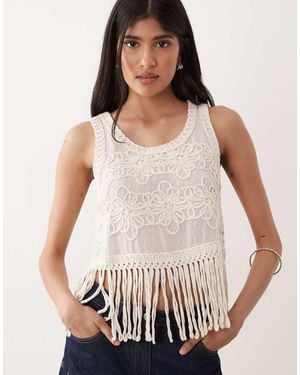 Y.A.S Floral Embroidered Tassle Hem Top - White