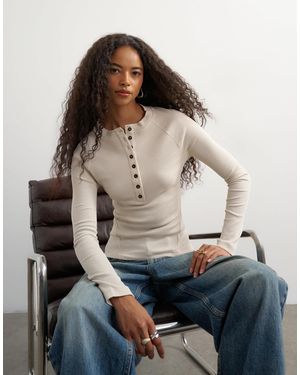 TOPSHOP Haut henley côtelé boutonné beige - Bleu