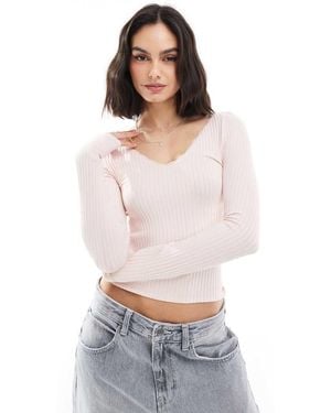 Stradivarius V Neck Long Sleeve Jersey Top - White