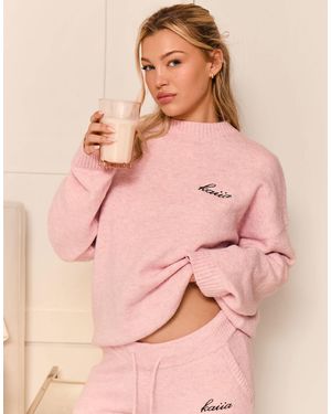 Kaiia Knitted Embroidered Logo Drop Shoulder Crew Neck Sweater Co-ord - Pink