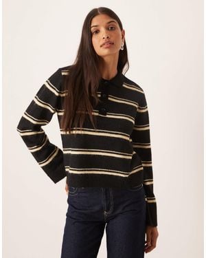 Aware Pull style rugby en maille pelucheuse à rayures avec col polo - et crème - Noir